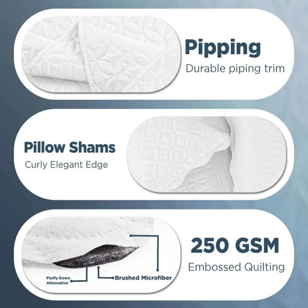 Elegant White Quilted Lightweight Bedspread 3pc Set King